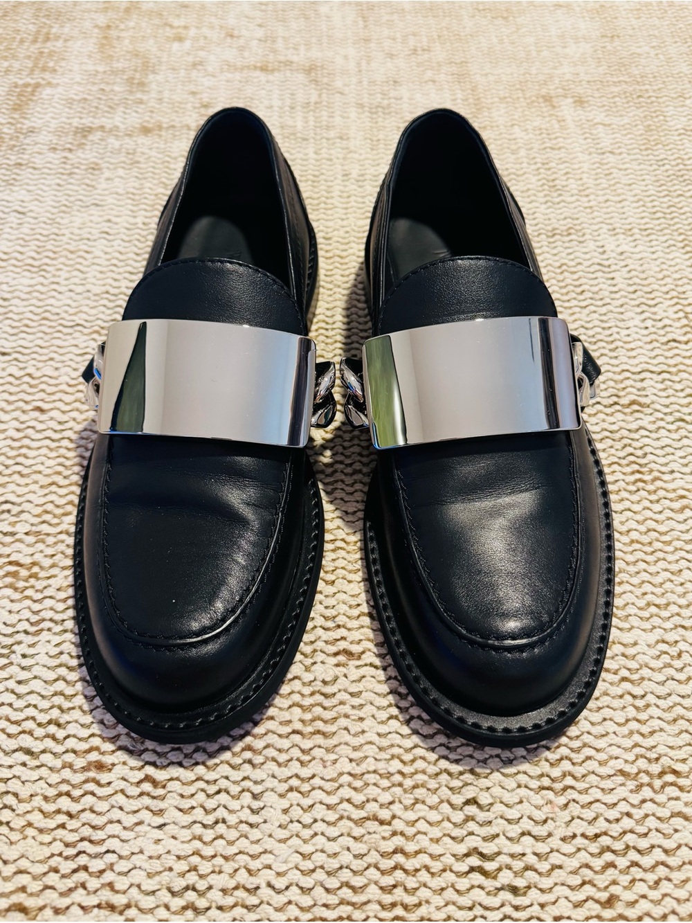 JW ANDERSON Black Leather Loafers with Silver Plate
